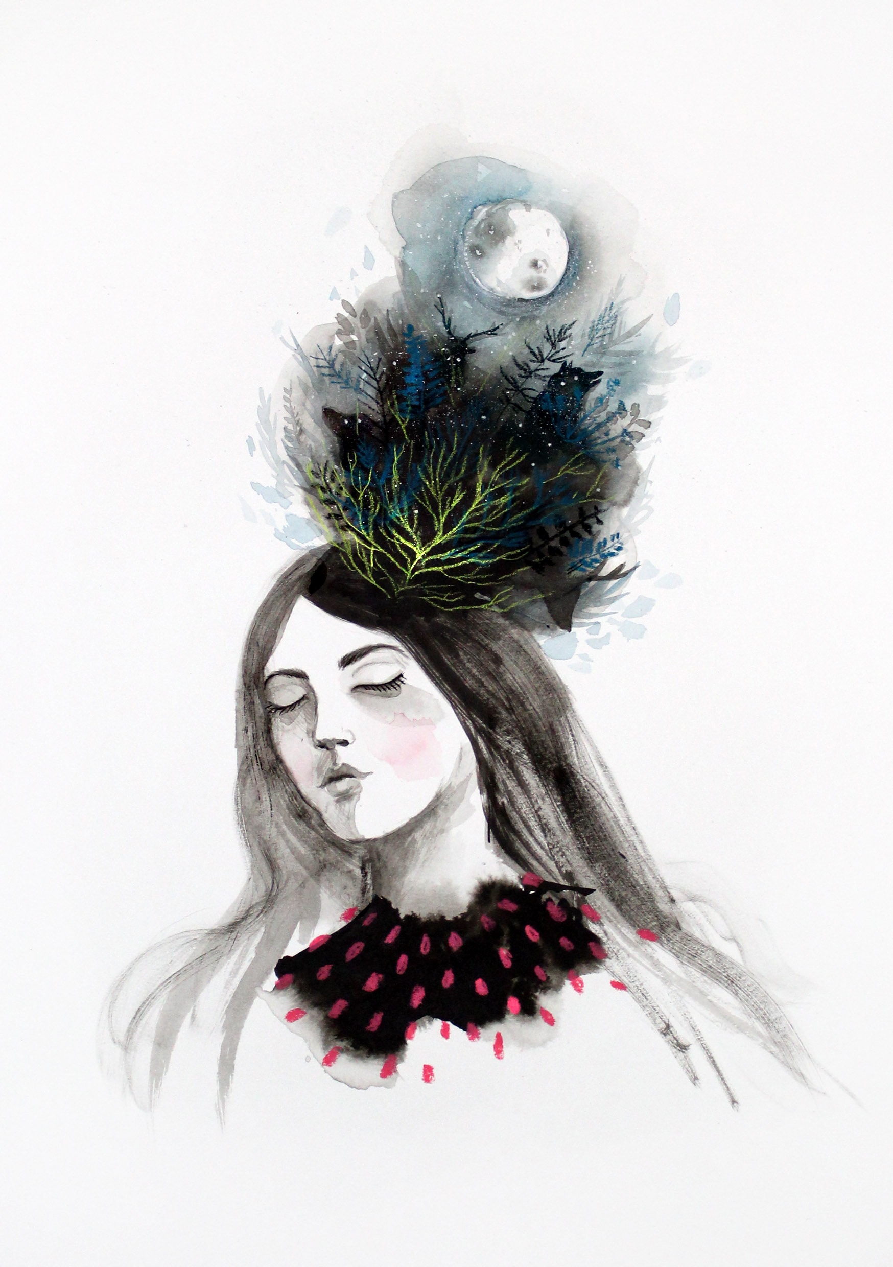 Daydream, dreaming, sleeping, dreams, escapism ink painting for Ghost Magazine
